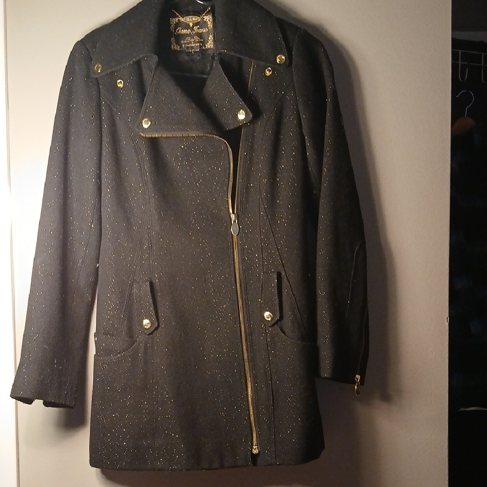 Guess Jeans Black Midlength Trench Coat with Gold Details Small